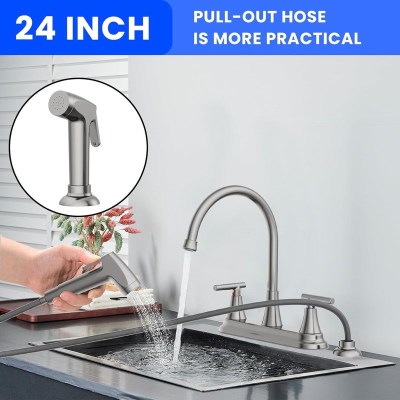 Hurran 2-Handle Kitchen Faucet with Pull-Out Side Sprayer, 8 Inch High Arch Stainless Steel 360°Rotating Kitchen Sink Faucet, 4 Hole Faucet for Kitchen Bar Rv Camper, Nickel - Image 4